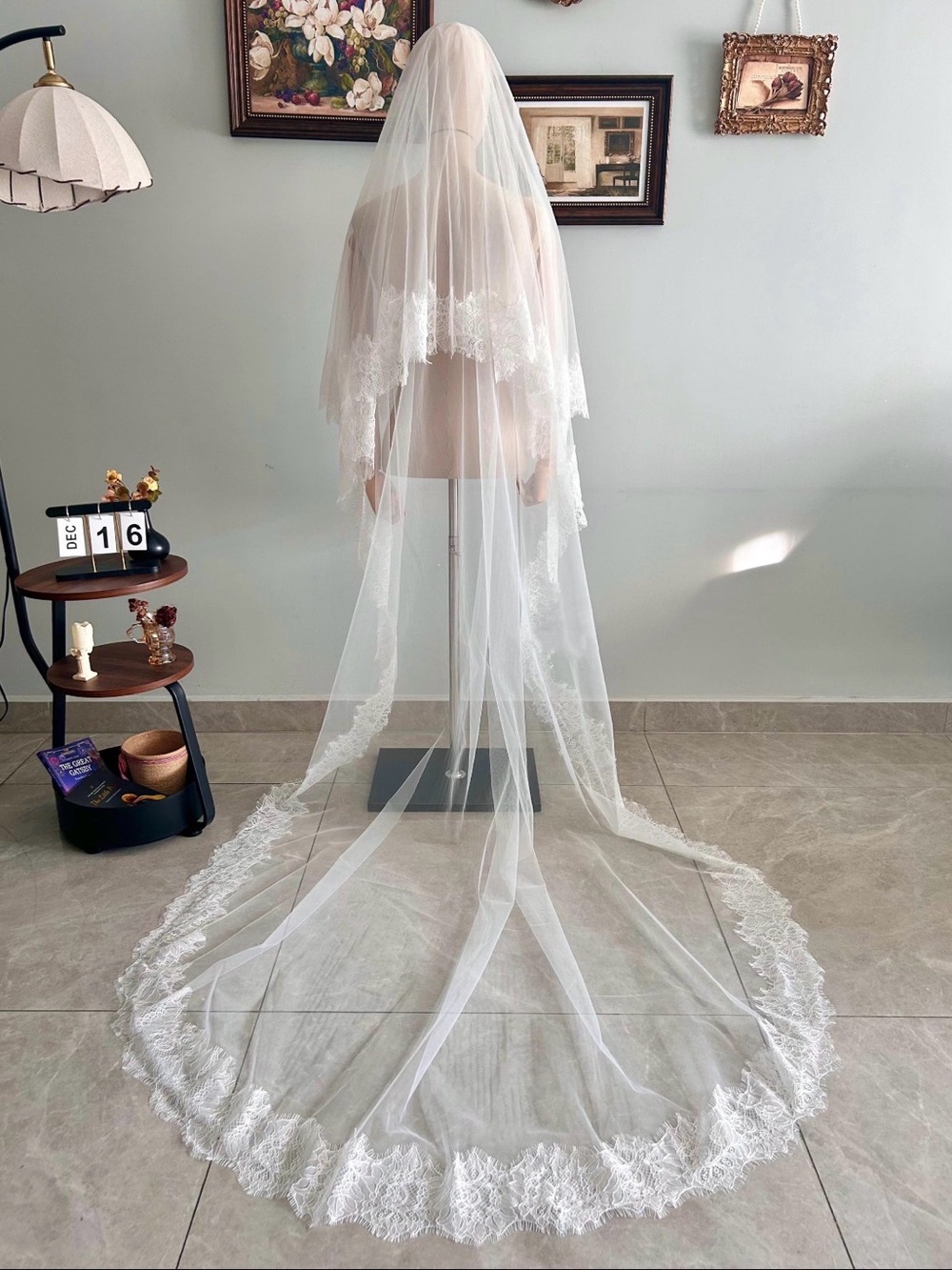 Cathedral Chantilly Lace Bridal Veil with Blusher